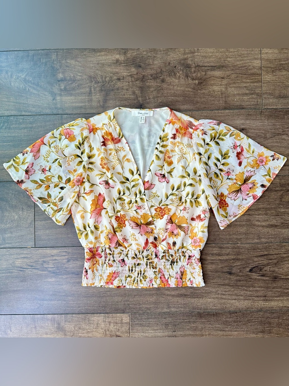 Haver & Blair Floral Blouse - Size Small - Smocked Hem Boho Chiffon Peasant Top
